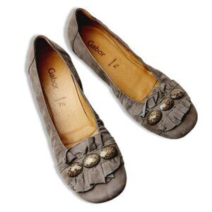 GABOR Ruffled & Gem Detail Genuine Leather Ballet Flats Shoes Taupe Sz 7.5
